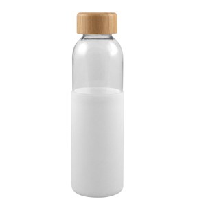 EgotierPro 50019 - Glasflasche 500ml mit Bambusdeckel & Silikonhülle GIN Weiß