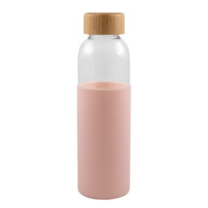 EgotierPro 50019 - Glasflasche 500ml mit Bambusdeckel & Silikonhülle GIN Rosa