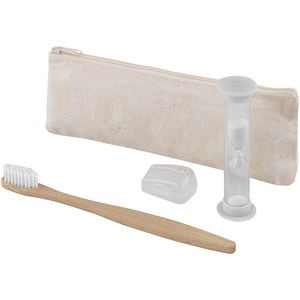 EgotierPro 53032 - Zahnpflege-Set mit Zahnbürste und Sanduhr, Baumwollbeutel Weiß
